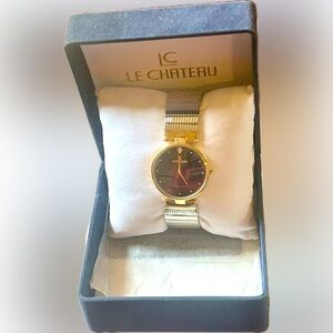 NEW Le Chateau Diamond Dial Two-Tone Watch Needs Battery Plastic Still On